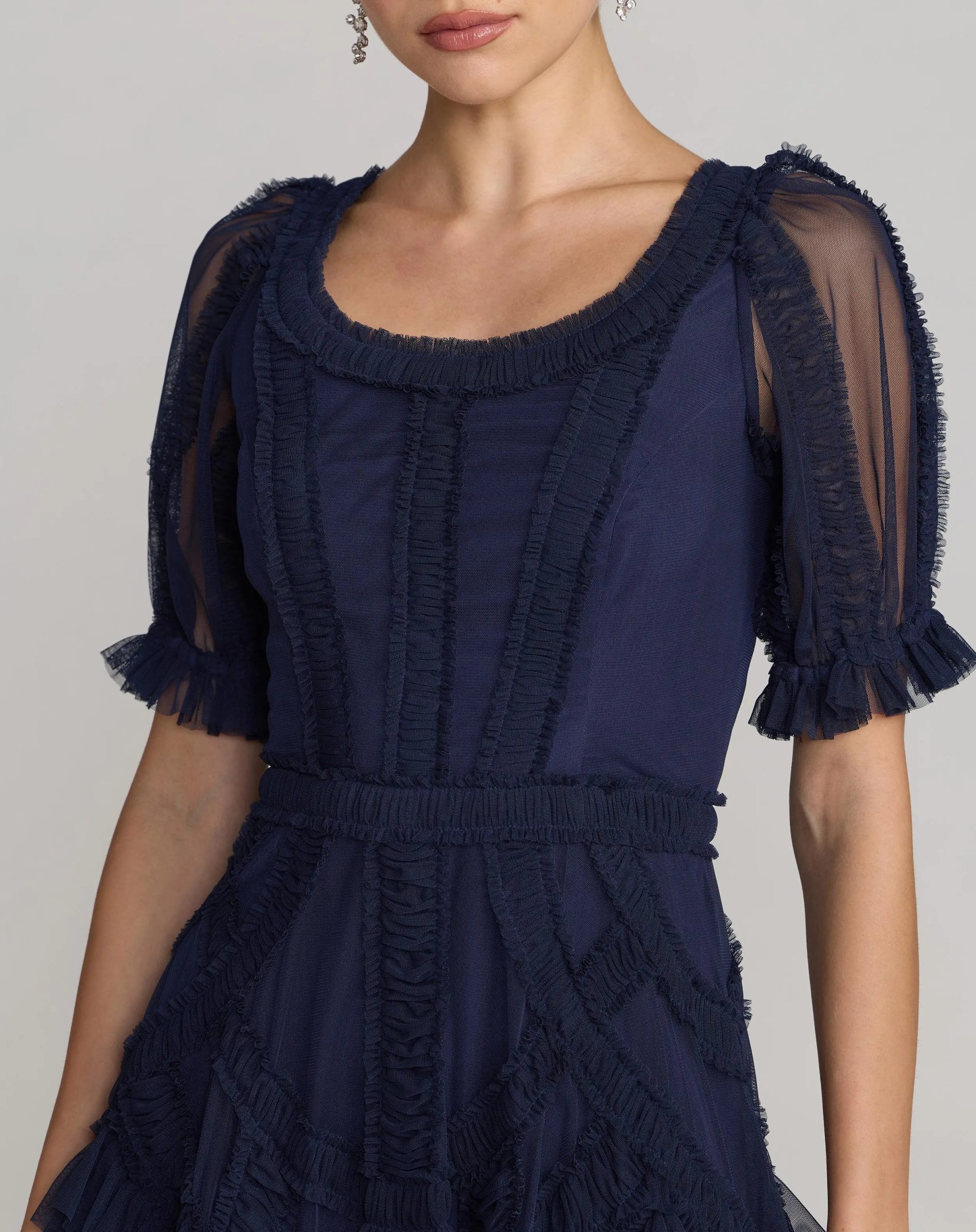 Navy Short Sleeve Micro Ruffle Midi Dress - Image 2
