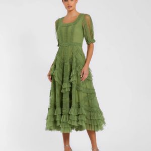 Green Short Sleeve Micro Ruffle Midi Dress