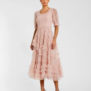 Pink Short Sleeve Micro Ruffle Midi Dress