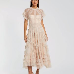 Pink Flutter Sleeve Micro Ruffle Midi Dress