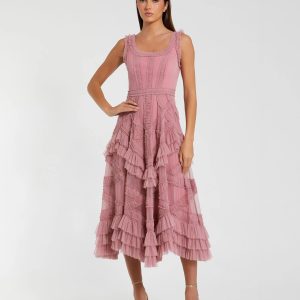Pink Scoop Neck Sleeveless Micro Ruffle Midi Dress