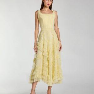 Yellow Scoop Neck Sleeveless Micro Ruffle Midi Dress