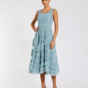 Blue Scoop Neck Sleeveless A-Line Ruffle Midi Dress
