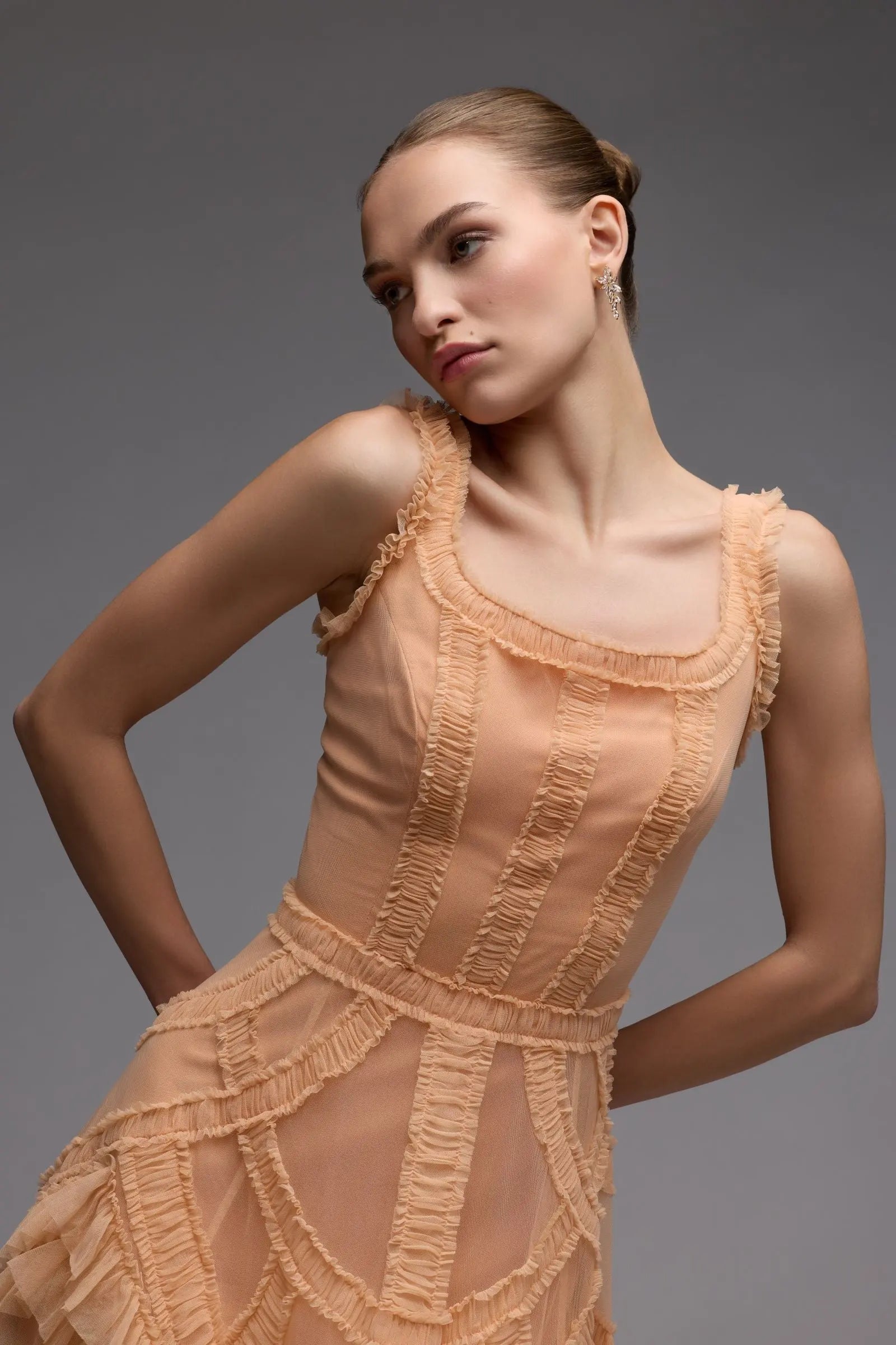 Orange Scoop Neck Sleeveless Micro Ruffle Midi Dress - Image 4