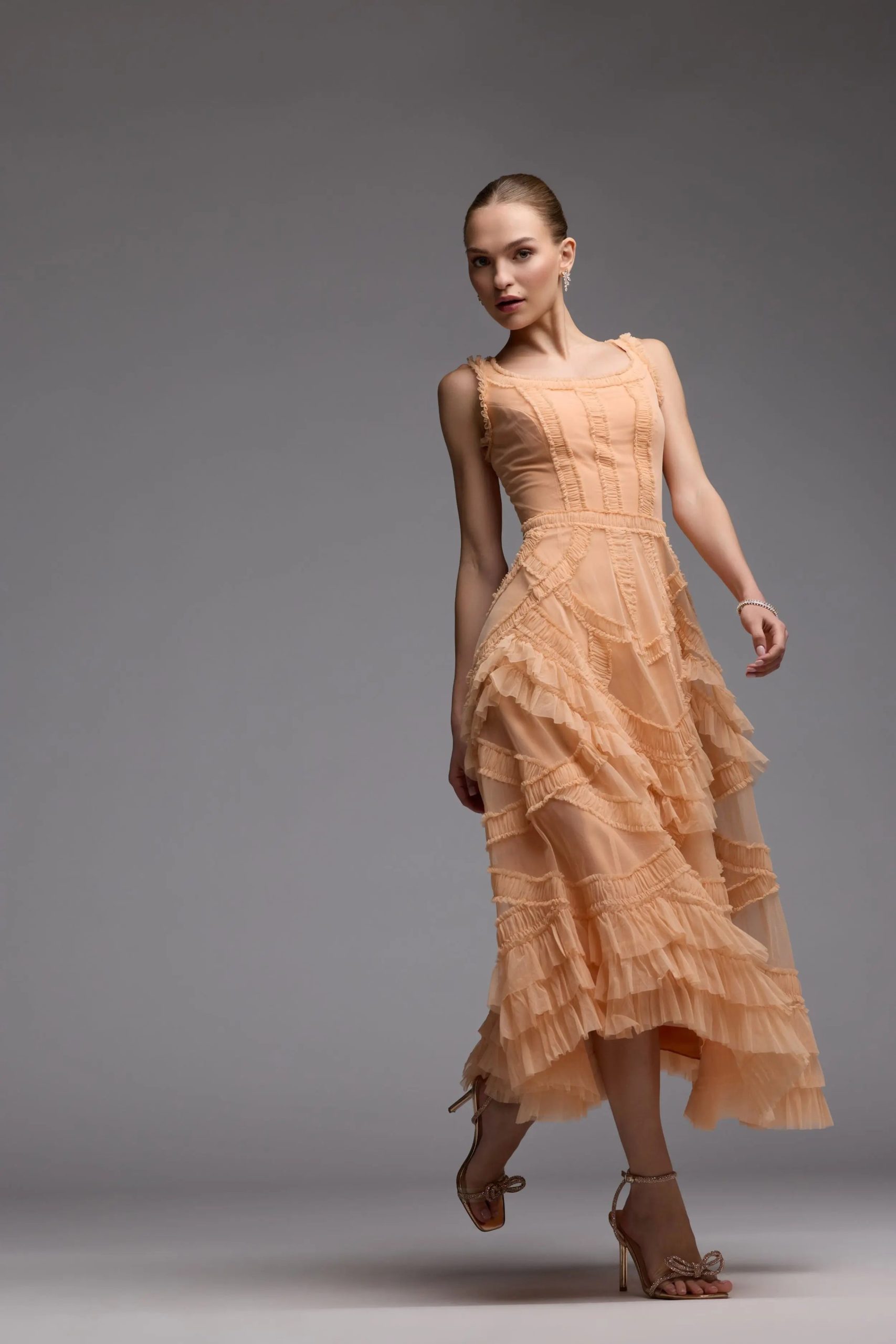 Orange Scoop Neck Sleeveless Micro Ruffle Midi Dress - Image 6