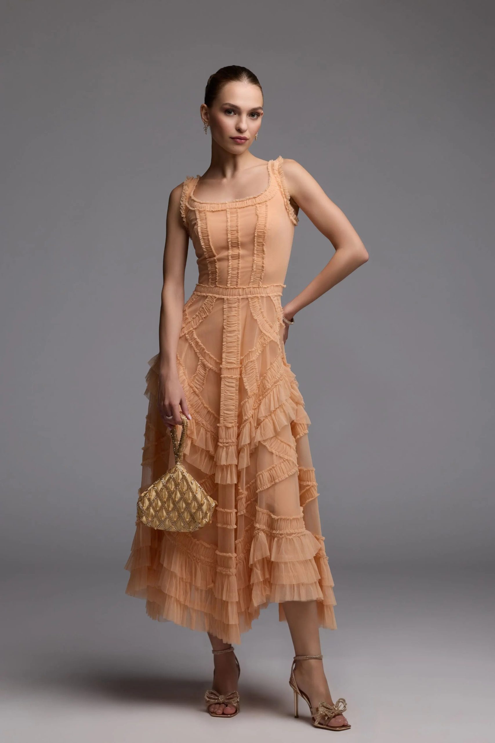 Orange Scoop Neck Sleeveless Micro Ruffle Midi Dress - Image 5