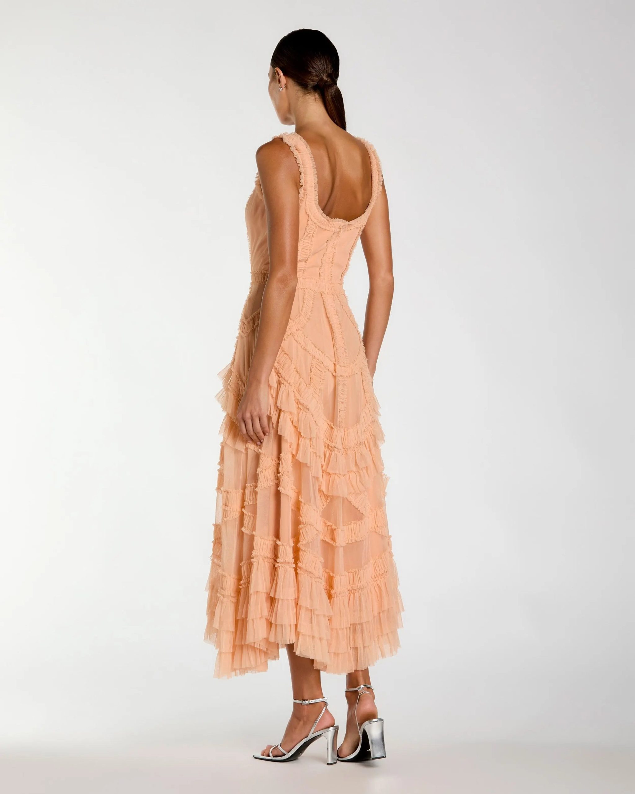 Orange Scoop Neck Sleeveless Micro Ruffle Midi Dress - Image 3