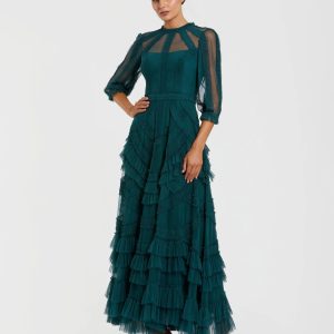 Teal High Neck Micro Ruffle Dress with 3/4 Puff Sleeves