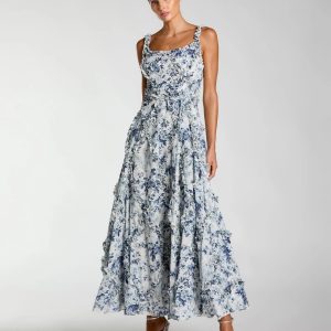 Blue and White Ruffle Scoop Neck Floral A-Line Dress