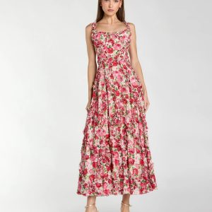 Pink Ruffle Scoop Neck Floral A-Line Dress