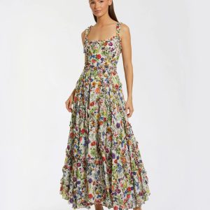 Multicolor Ruffle Scoop Neck Floral A-Line Dress