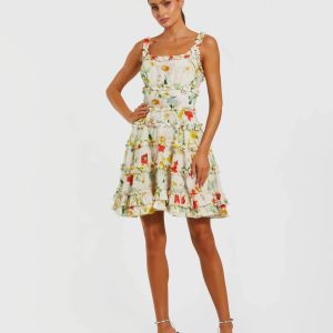 Ivory Floral Square Neck Ruffle Mini Dress