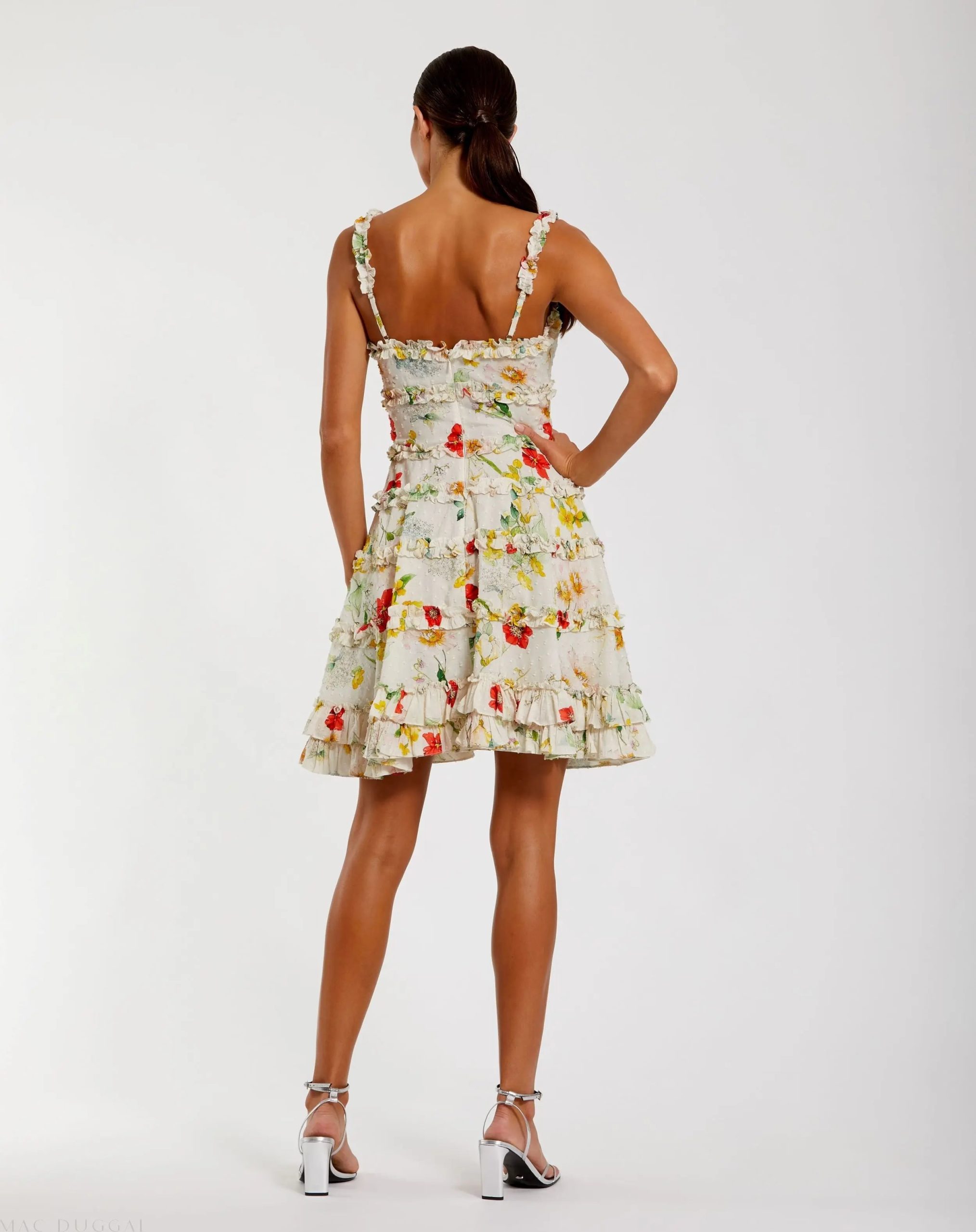 Ivory Floral Square Neck Ruffle Mini Dress - Image 3