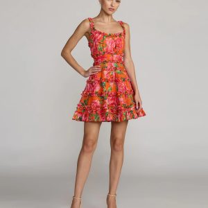Orange Floral Square Neck Ruffled Cotton Mini Dress