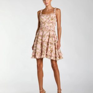 Pink Floral Square Neck Ruffled Cotton Mini Dress