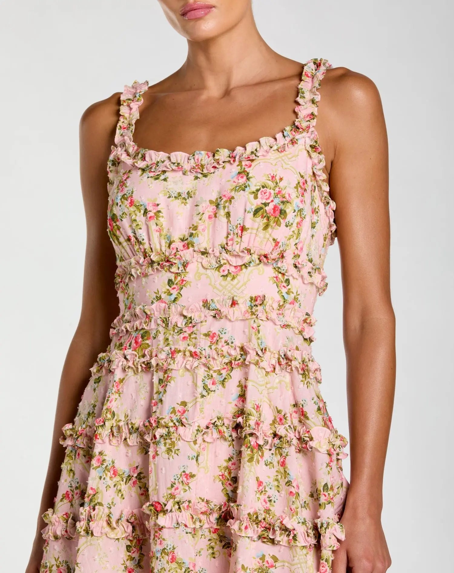 Pink Floral Square Neck Ruffled Cotton Mini Dress - Image 2