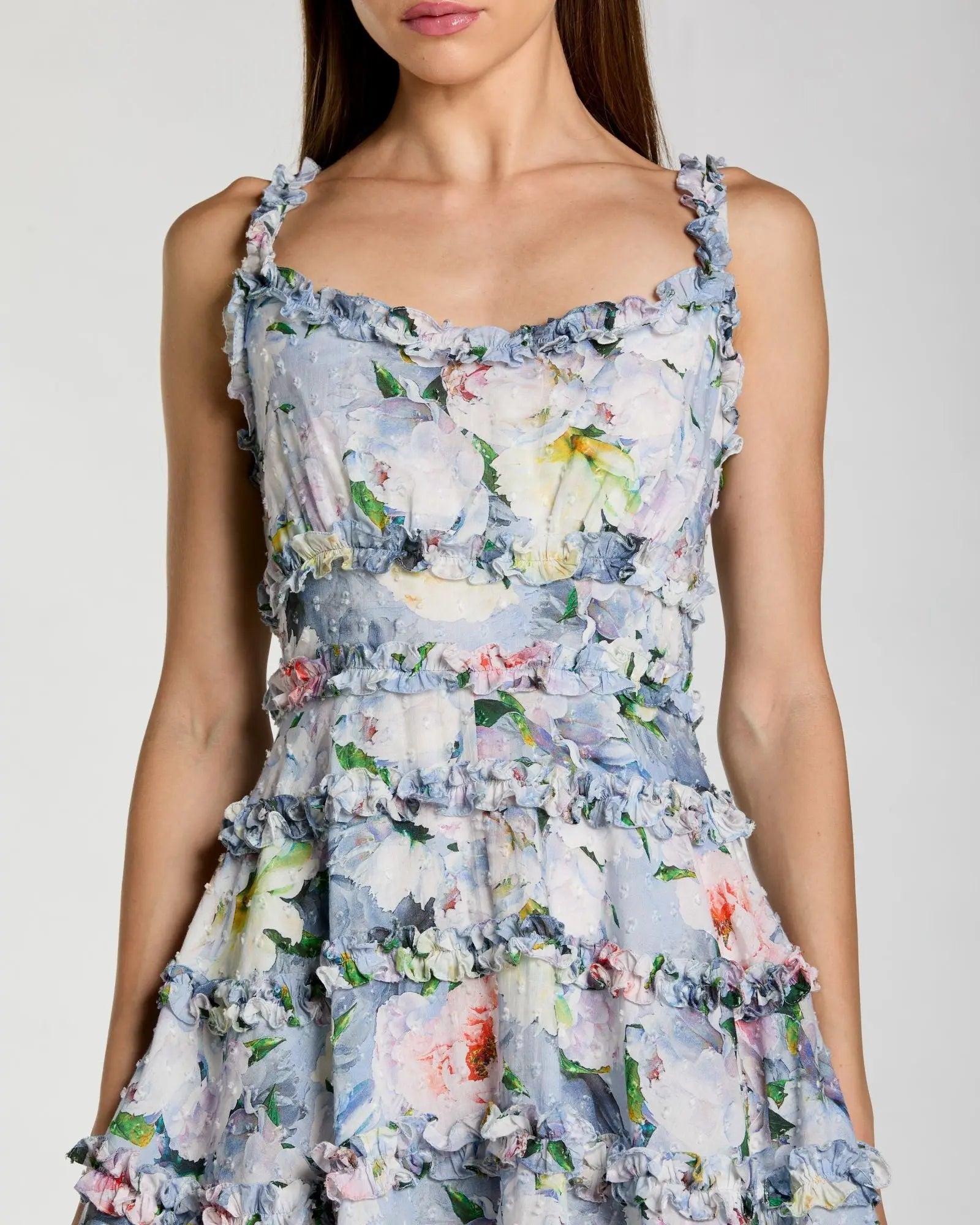 Blue Floral Square Neck Ruffled Cotton Mini Dress - Image 2