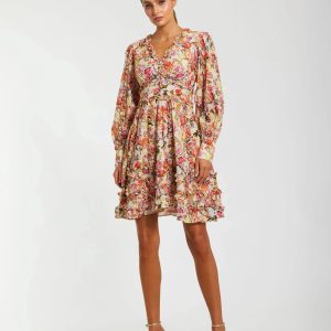 Multicolor Ruffle Floral V Neck Cotton Mini Dress