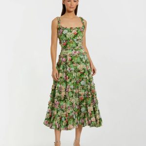 Green Ruffle Floral Square Neck Midi Dress