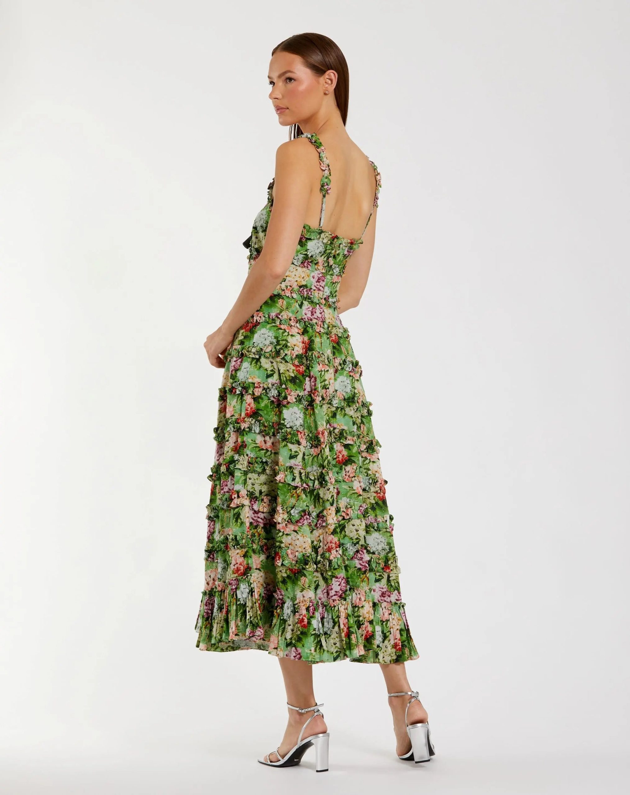 Green Ruffle Floral Square Neck Midi Dress - Image 3