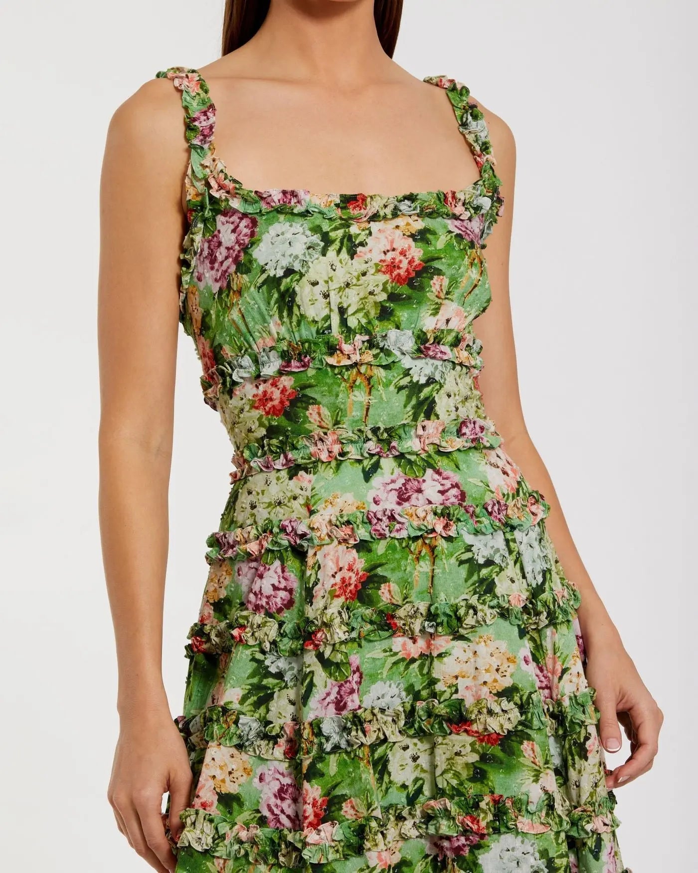 Green Ruffle Floral Square Neck Midi Dress - Image 2