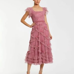 Pink Flutter Sleeve Sequin A Line Midi Dress