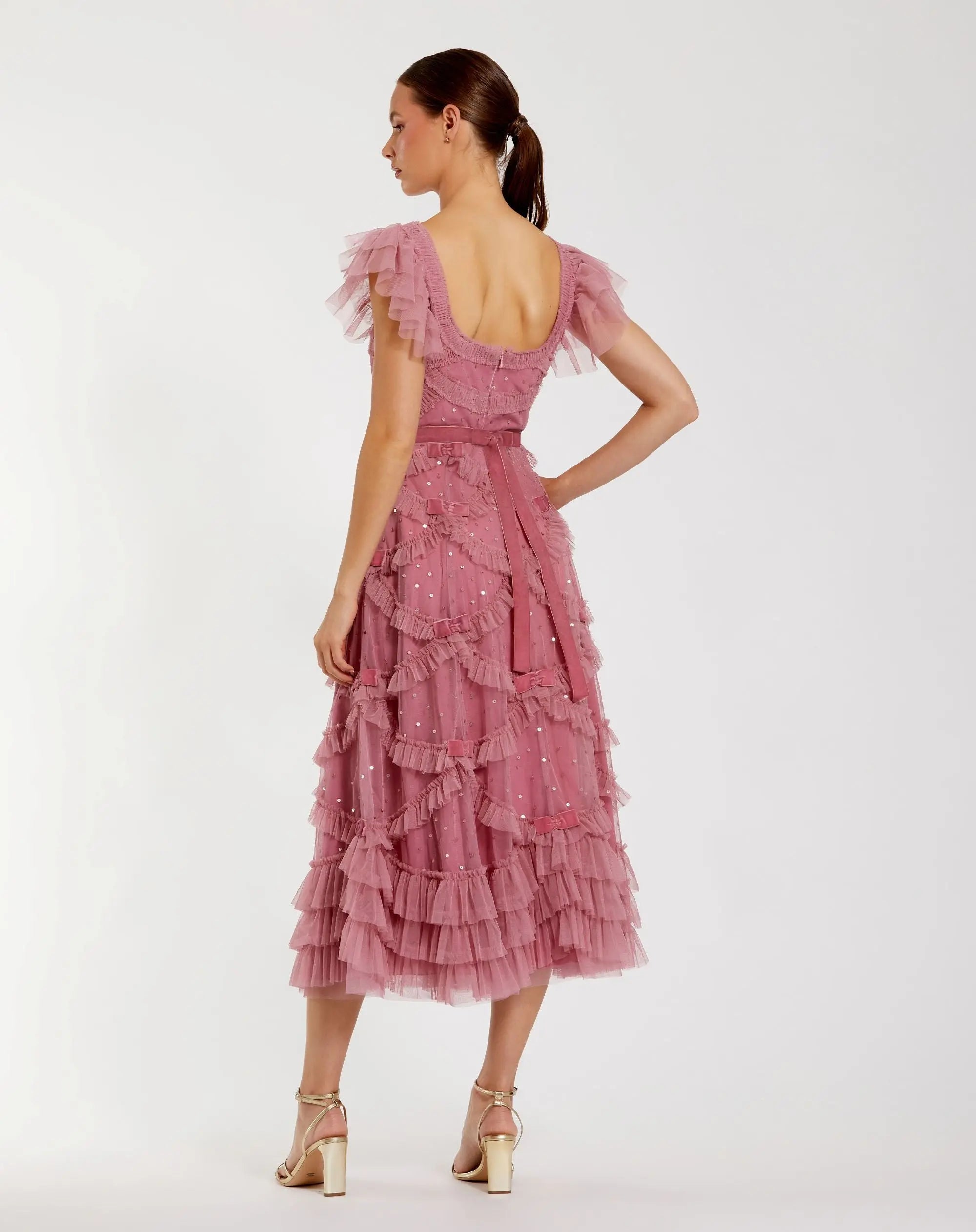 Pink Flutter Sleeve Sequin A Line Midi Dress - Image 3