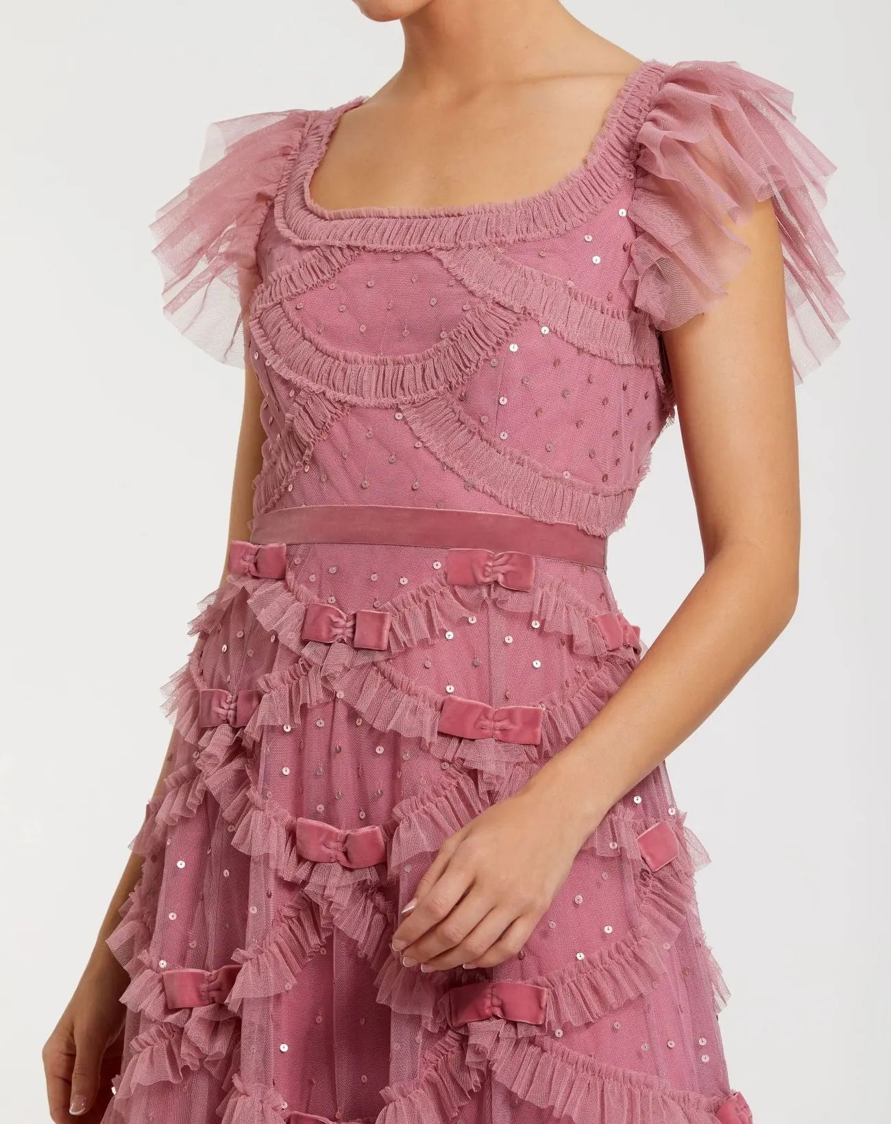 Pink Flutter Sleeve Sequin A Line Midi Dress - Image 2