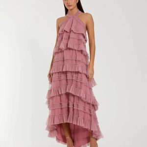 Pink Tiered Ruffle Halter Neck Midi Dress