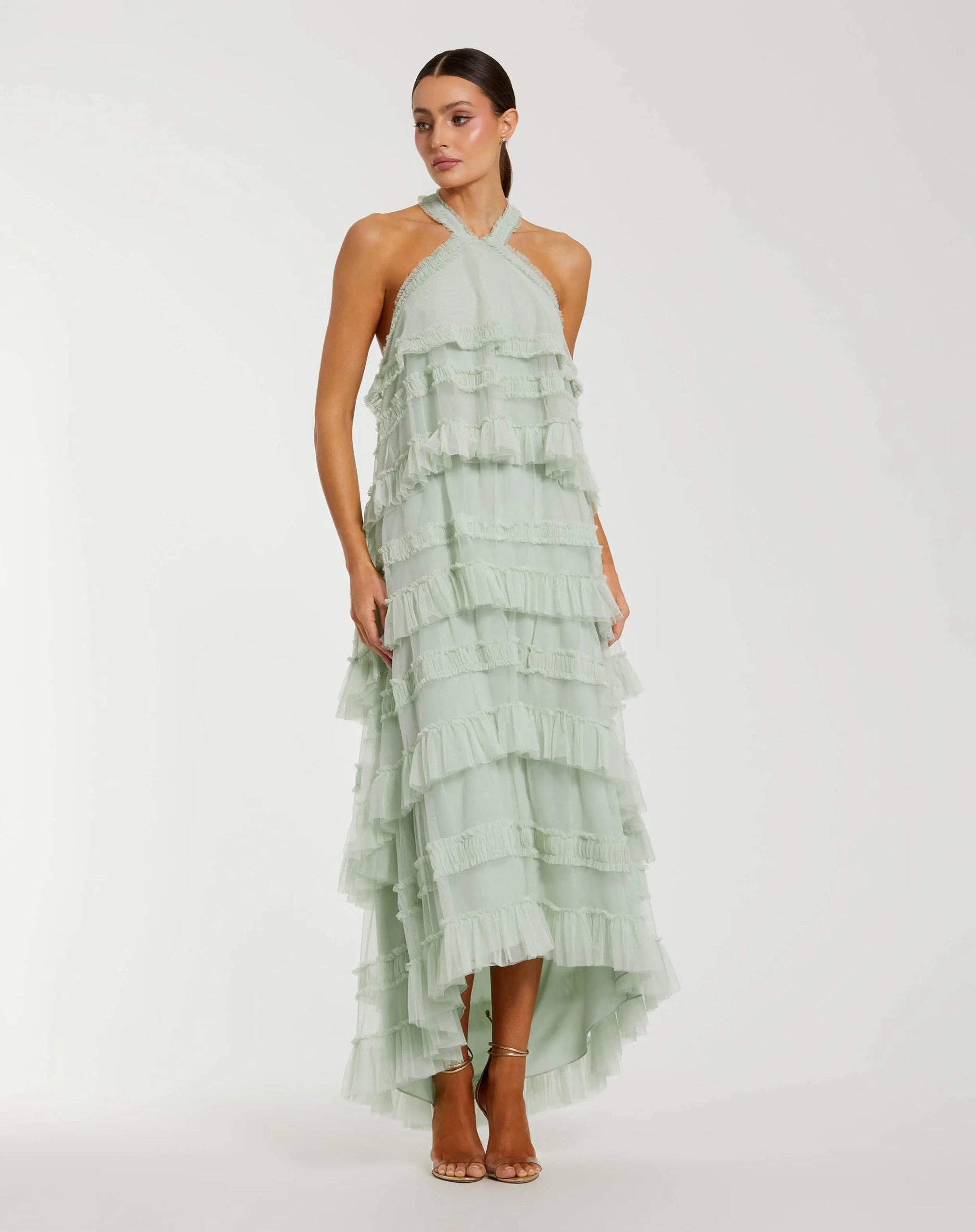 Green Tiered Ruffle Halter Neck Midi Dress
