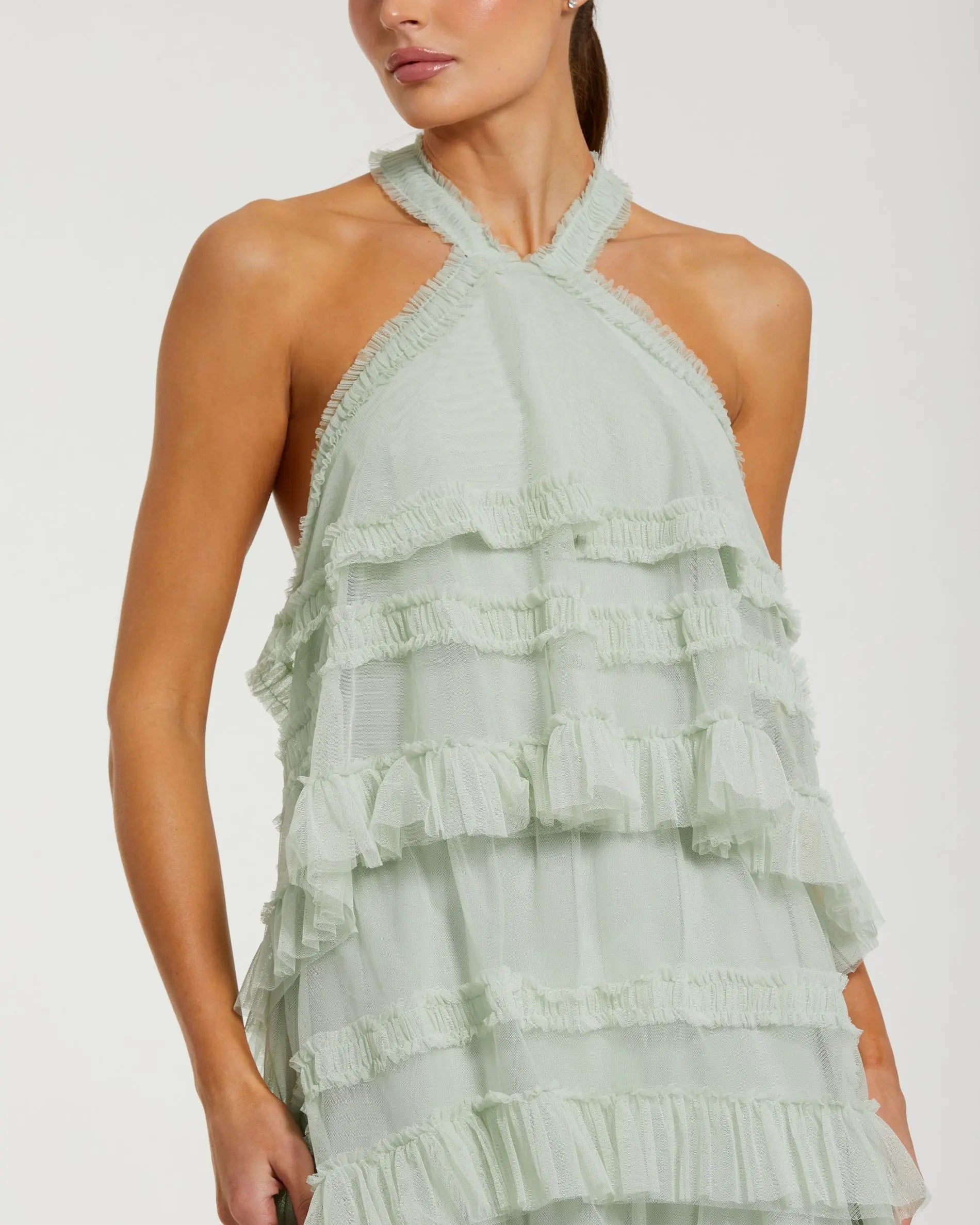 Green Tiered Ruffle Halter Neck Midi Dress - Image 3