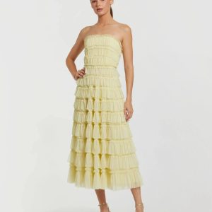 Yellow Micro Ruffle Strapless Midi Dress
