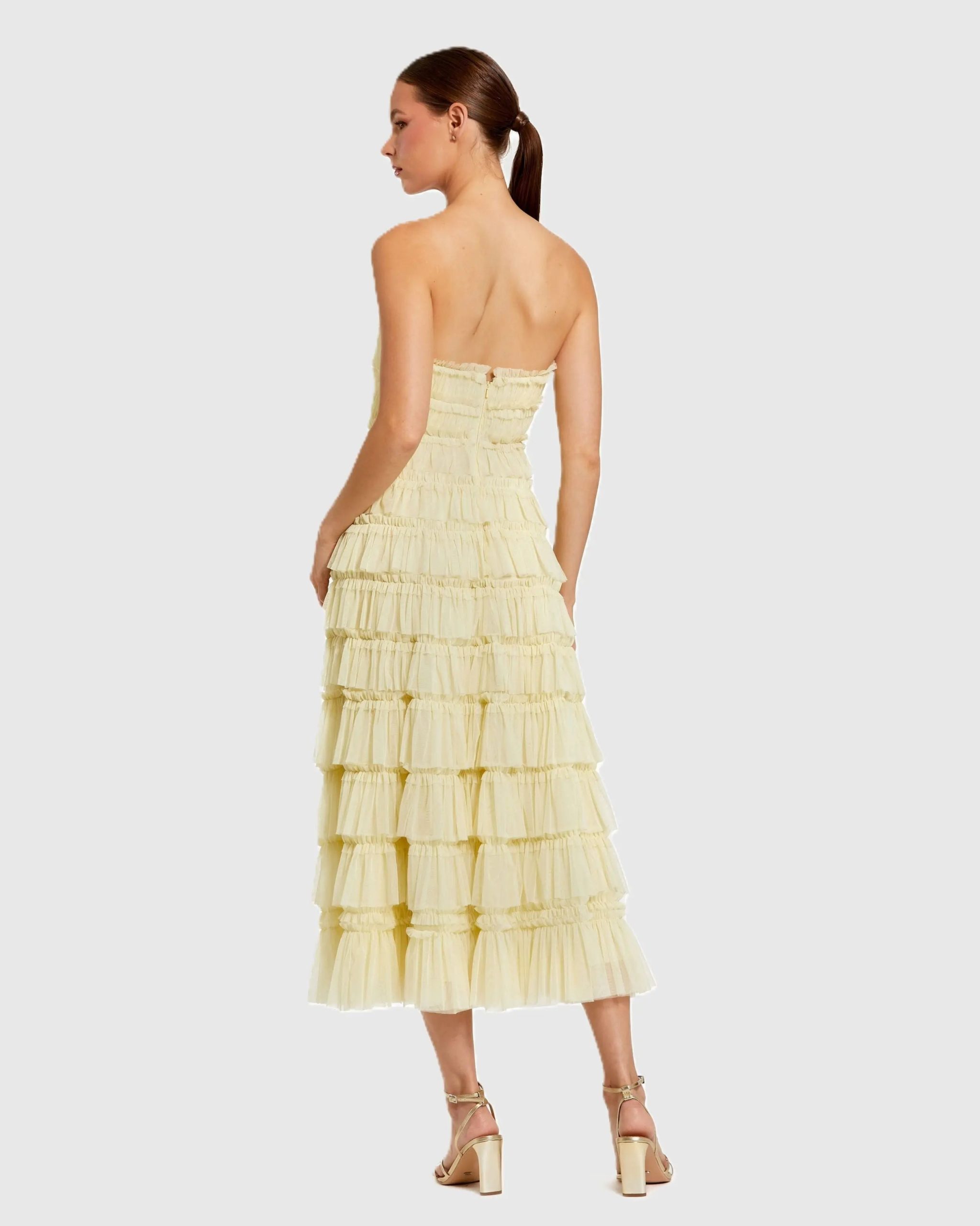 Yellow Micro Ruffle Strapless Midi Dress - Image 3