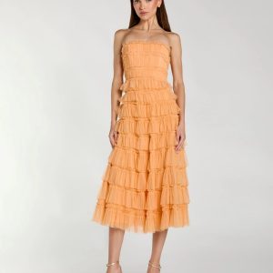 Orange Micro Ruffle Strapless Midi Dress