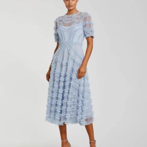 Blue High Neck Short Sleeve Ruffled Midi Dress