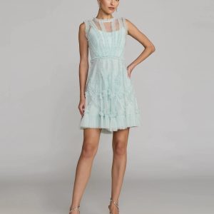 Light Blue High Neck Sleeveless Micro Ruffle Mini Dress