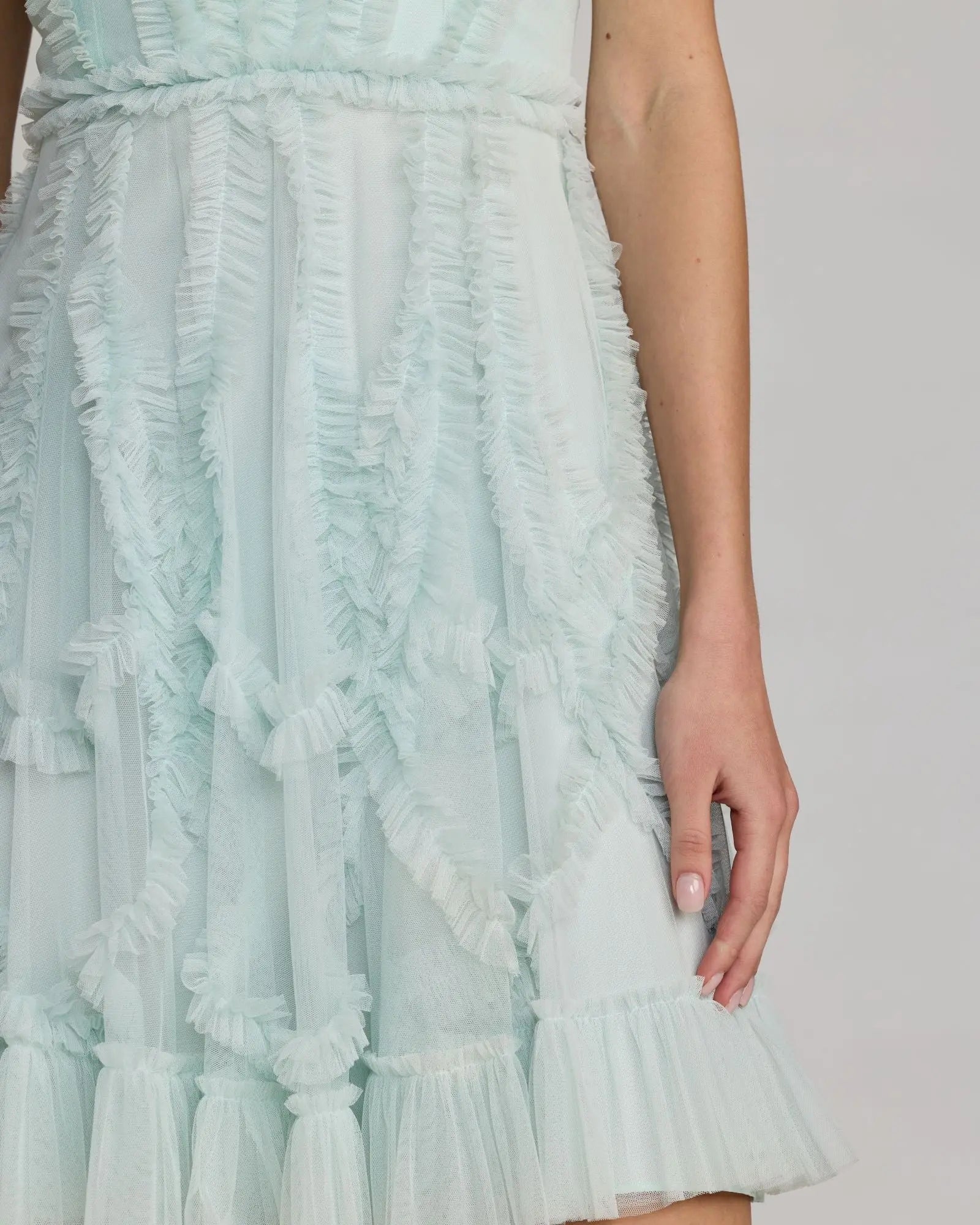 Light Blue High Neck Sleeveless Micro Ruffle Mini Dress - Image 3