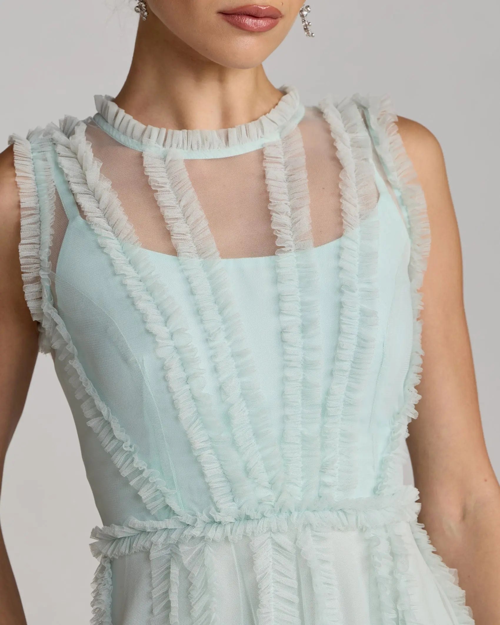 Light Blue High Neck Sleeveless Micro Ruffle Mini Dress - Image 2
