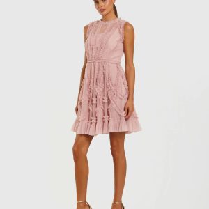Pink High Neck Sleeveless Micro Ruffle Mini Dress