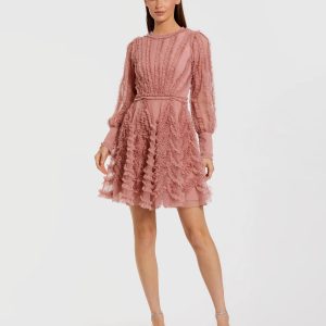 Pink Ruffle Lace Up Back Long Sleeve Mini Dress