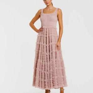 Pink Micro Ruffle Sleeveless Scoop Neck Maxi Dress