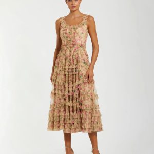Beige Floral Printed Sleeveless Ruffle Midi Dress