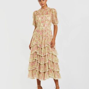 Beige Floral High Neck Midi Dress with Lace Trim