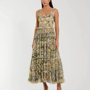 Yellow Multicolor Floral Printed Ruffle Midi Dress