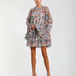Blue Printed Mesh Ruffle High Neck Mini Dress