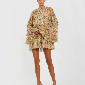 Multicolor Printed Mesh Ruffle High Neck Mini Dress
