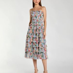 Blue Floral Strapless Ruffle Midi Dress