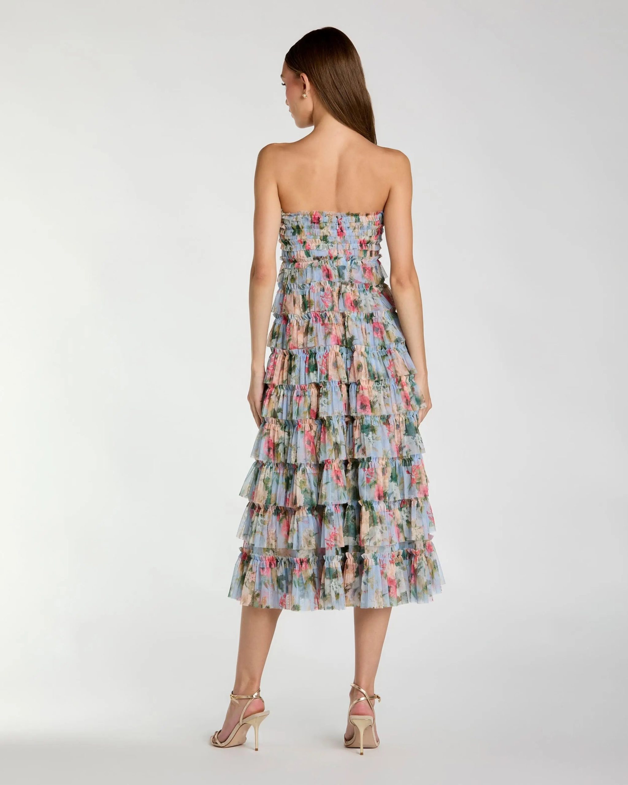 Blue Floral Strapless Ruffle Midi Dress - Image 3