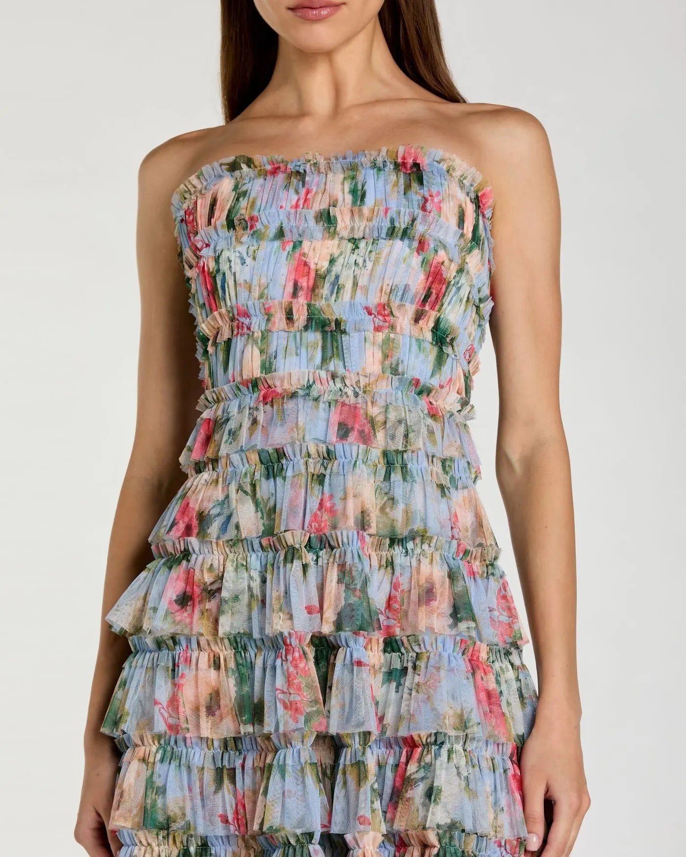 Blue Floral Strapless Ruffle Midi Dress - Image 2