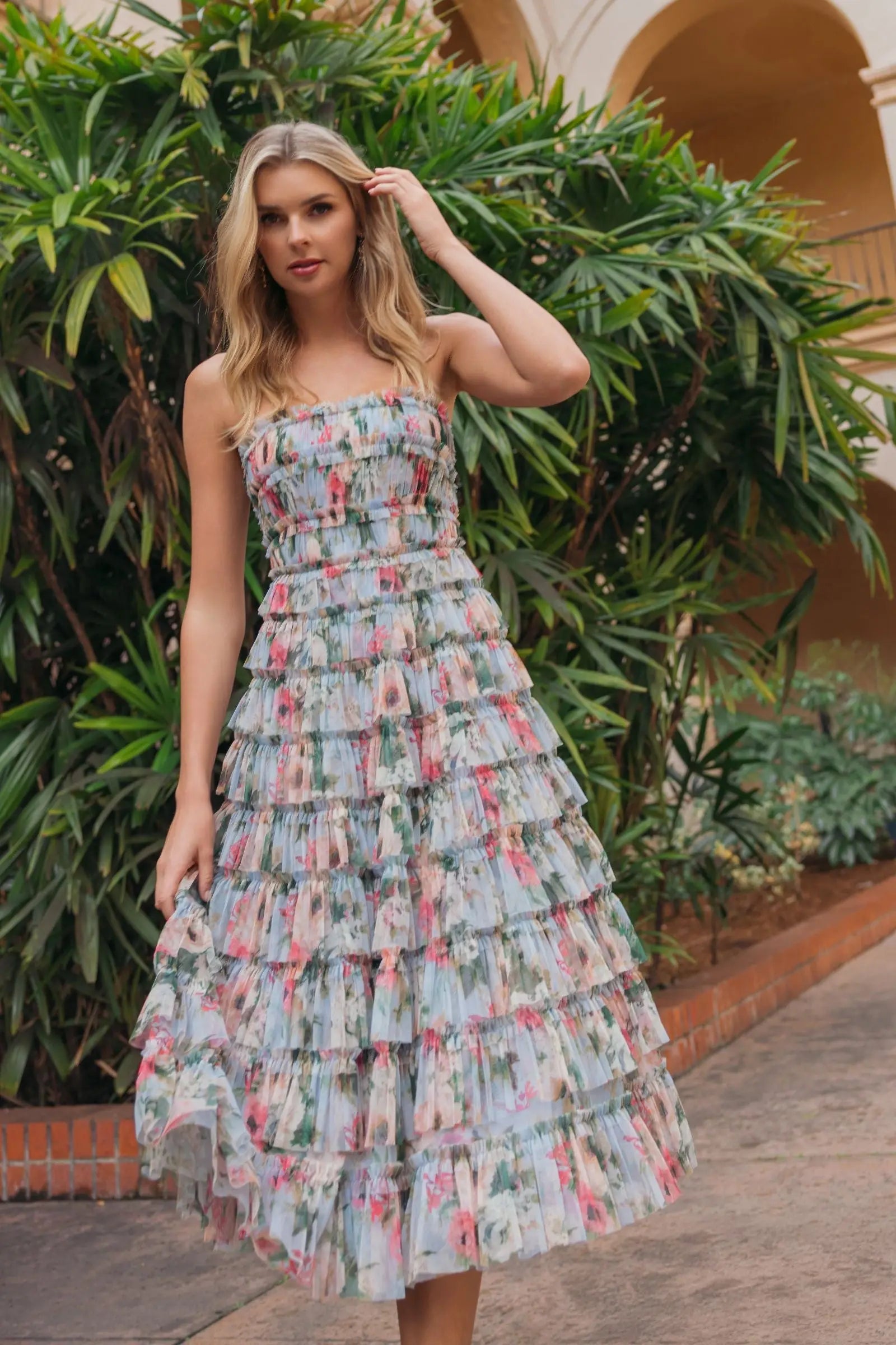 Blue Floral Strapless Ruffle Midi Dress - Image 6